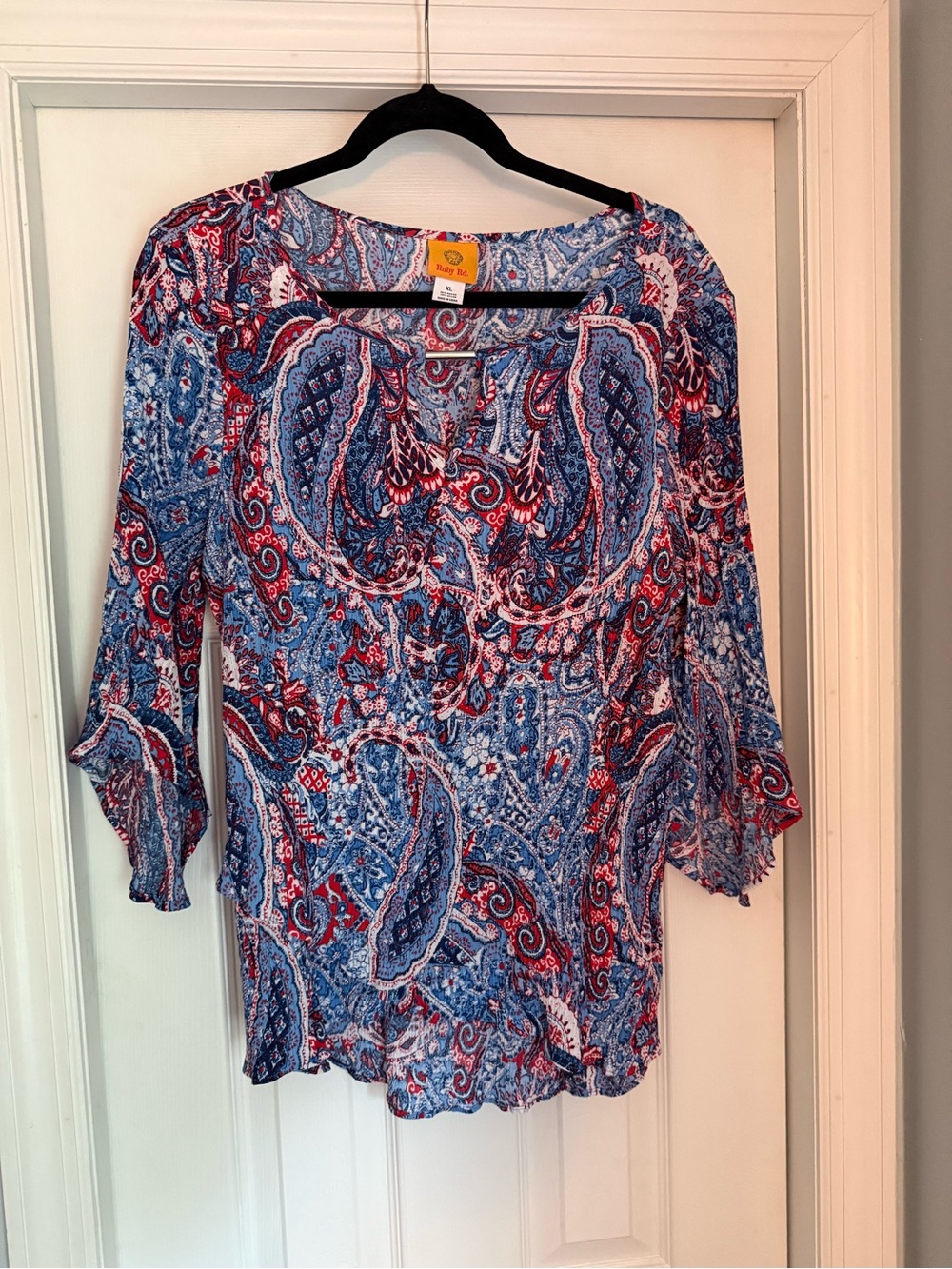 Ruby Rd. Blue & Red Paisley Scoop Neck Blouse